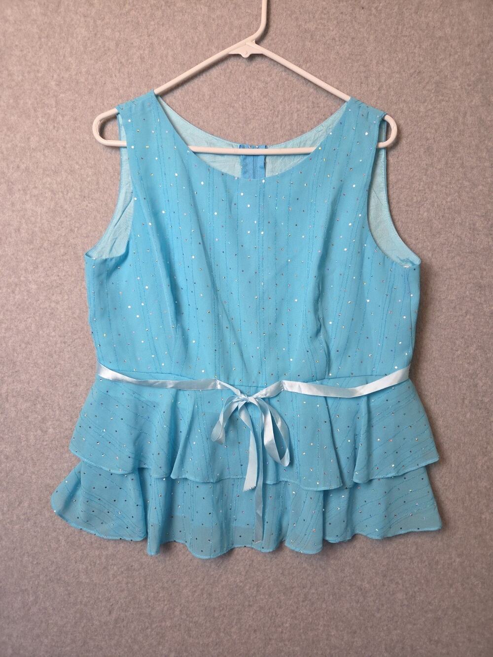 Vtg Sally Aqua Blue Sequined Sleeveless Tiered Ruffle Peplum Blouse Women's XL